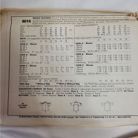 VINTAGE 80s Liz Claiborne McCall's blouses sewing pattern 9014 size 10 - Picture 4 of 5